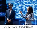 Technology company CEO using conference as platform to present latest AI and VR headsets products. IT experts at convention showing business investors virtual reality tech