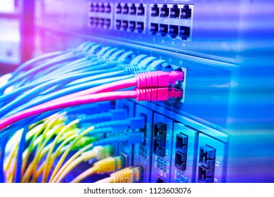 Technology Computer Network, Telecommunication Ethernet Cables Connected to Internet Switch. - Shutterstock ID 1123603076