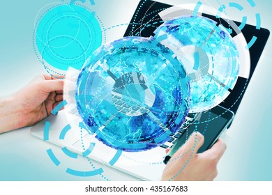 Technology concept with abstract circular digital pattern and businessman hands using laptop and smartphone on blue background