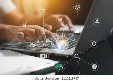 Technology concept Ai business man working through a laptop showing graphics icon New business ideas in the digital age of the 21st century
