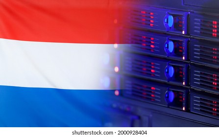 Technology concept consisting of server hardware merging with the Flag of Netherlands for use as local or country internet and hardware security image idea