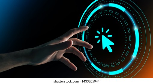 Technology Concept. Hand Pressing Button With Arrow Icon, Panorama