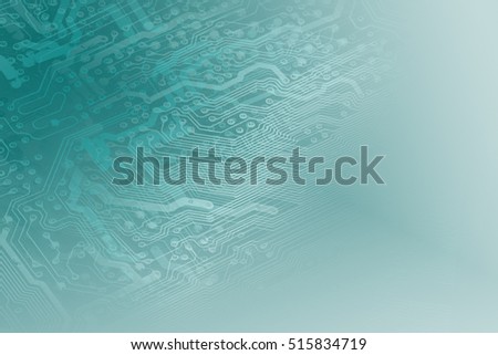 Technology concept microchip background with copy space. Pcb board integrated circuit pc parts motherboard chip processor. Light tones, faded into light blue.
