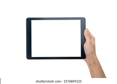 Technology Concept. One Hand Holding Tablet In Vertical Axis With White Screen And Background And Clipping Path