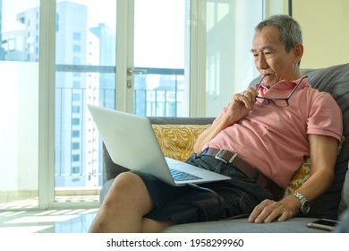 Technology concept, senior citizen using laptop at home. Work from home sitting at the sofa. Worried face thinking about pension