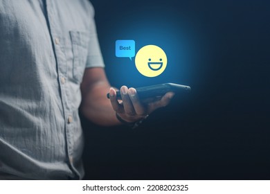 technology customer evaluation concept Close-up of businessman showing satisfaction with virtual reality with smiling face and five-star rating.
 - Shutterstock ID 2208202325