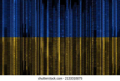 technology, cyberspace and information concept - binary code pattern in colors of flag of ukraine