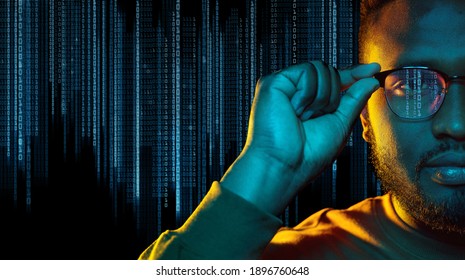 technology, cyberspace and programming concept - portrait of young african american man over binary code numbers on black background