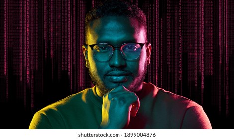technology, cyberspace and programming concept - portrait of young african american man over binary code numbers on black background