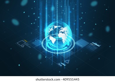technology, cyberspace and virtual reality concept - hologram of earth globe and virtual screen projection over black background