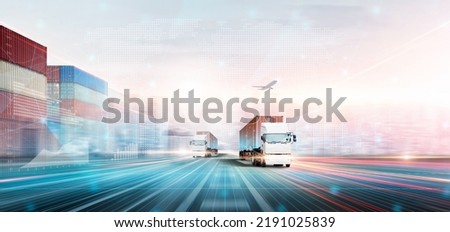 Technology Digital Future of Cargo Container Logistics Transport Concept, Double Exposure Polygon Wireframe of Container Freight Truck, Plane, Modern futuristic Import Export Transportation Background