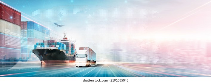 Technology Digital Future of Cargo Containers Logistics Transport Concept, Double Exposure Polygon Wireframe of Container Freight Ship, Truck, Modern futuristic Import Export Transportation Background