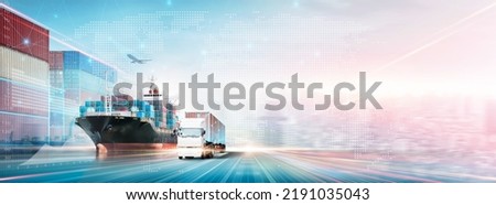 Technology Digital Future of Cargo Containers Logistics Transport Concept, Double Exposure Polygon Wireframe of Container Freight Ship, Truck, Modern futuristic Import Export Transportation Background