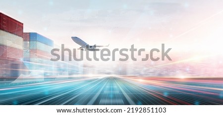 Technology Digital Future of Cargo Plane Logistics Transport Concept, Airplane taking off from Airport runway, Modern Futuristic Transportation Import Export Background, Global Business Distribution