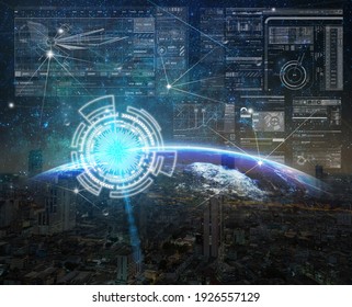 Technology digital virtual screen with the Network connection on Part of earth with sun rise and lens flare over the Milky Way and cityscape background, innovation concept