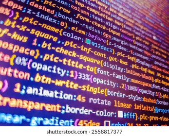 Technology display. Genome sequencing. Programmer monitor with php language code. Programming code on monitor screen. Data encryption security code on a computer display. Failed reading data.