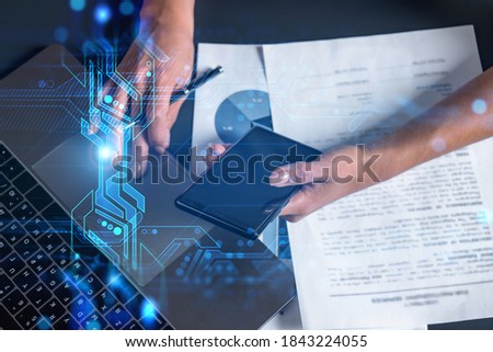 Technology drawings and a woman signing papers use phone. Double exposure.