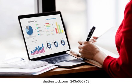 Technology and financial analytics data advisory concept. Businesswoman working on digital laptop computer with advisor showing plan of investment to clients at table office. Digital marketing.
