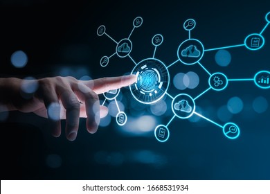 Technology fingerprint scan provides security. digital transformation change management,new technology big data and business process strategy, automate operation, customer service management. - Powered by Shutterstock