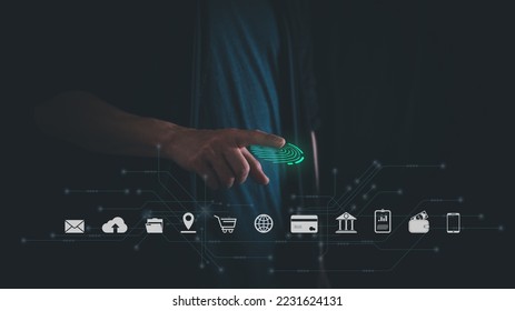 Technology fingerprint scan provides security. digital transformation change management, new technology big data and business process strategy, automate operation, customer service management.