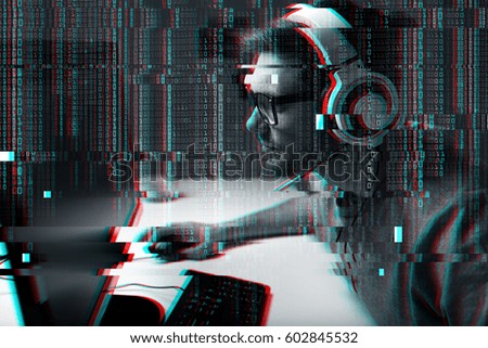 technology, gaming, entertainment and people concept - young man in headset and glasses with pc computer playing game at home and streaming playthrough or walkthrough video over glitch effect