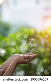 Technology, hand holding with environment Icons over the Network connection on green background. - Shutterstock ID 1906596139