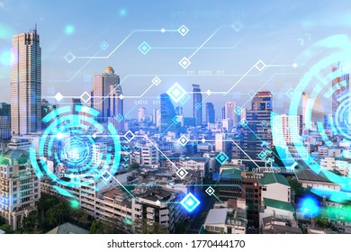 Technology Hologram Over Panorama City View Of Bangkok. The Largest Tech Hub In Asia. The Concept Of Developing Coding And High-tech Science. Double Exposure.