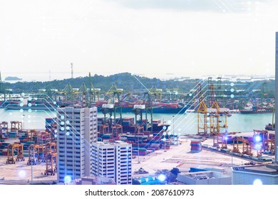 Technology hologram over panorama city view of Singapore. The largest tech hub in Asia. The concept of developing coding and high-tech science. Double exposure.