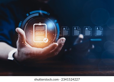 Technology and human capability in the document management, Man's hand confidently holds and interacts with digital files and folders, seamlessly navigating through a sophisticated cloud-based system