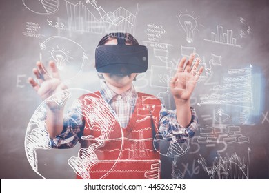 Technology Icons Against Boy Using A Virtual Reality Device