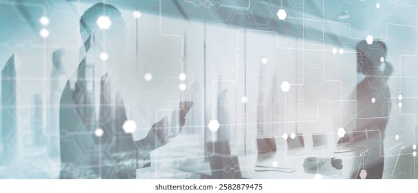 Technology industrial business process workflow organisation structure on virtual screen. Honeycombs and binary code.