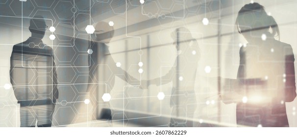 Technology industrial business process workflow organisation structure on virtual screen. Honeycombs and binary code.