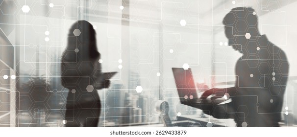 Technology industrial business process workflow organisation structure on virtual screen. Honeycombs and binary code.