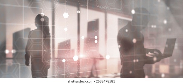 Technology industrial business process workflow organisation structure on virtual screen. Honeycombs and binary code.