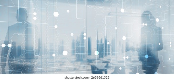 Technology industrial business process workflow organisation structure on virtual screen. Honeycombs and binary code.