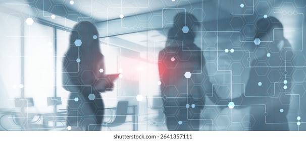 Technology industrial business process workflow organisation structure on virtual screen. Honeycombs and binary code.
