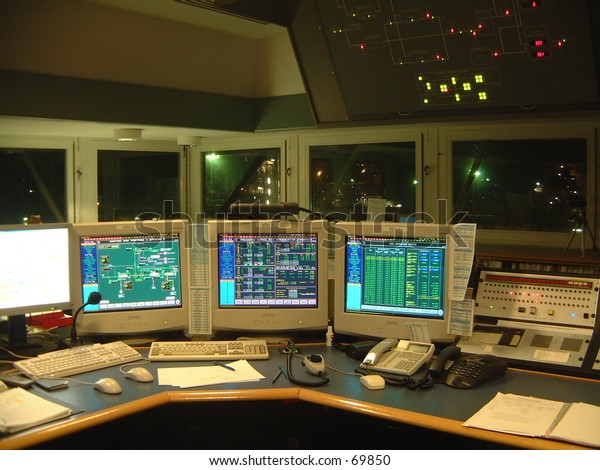 Technology Industry Computers Control Room Screens Stock Photo