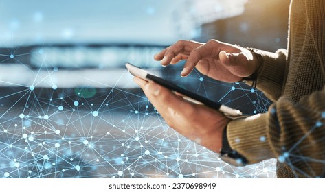 Technology, innovation with hands and tablet, digital transformation with person typing and communication in city. Hologram, cyber and social media with global network, tech evolution and future - Powered by Shutterstock - Get 15% off with code: PIKWIZARD15