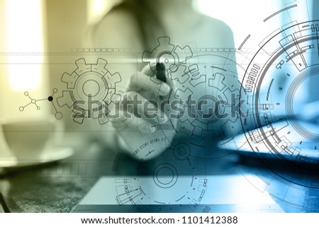 Technology interface background with gears draft. Engineering, Business, Development and communication concept.