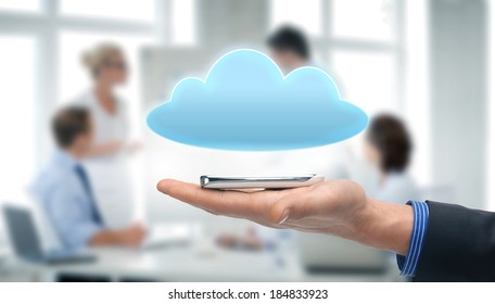 technology, internet and application concept - hand holding smartphone with cloud