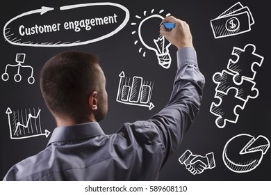 Technology, Internet, Business And Marketing. Young Business Man Writing Word: Customer Engagement