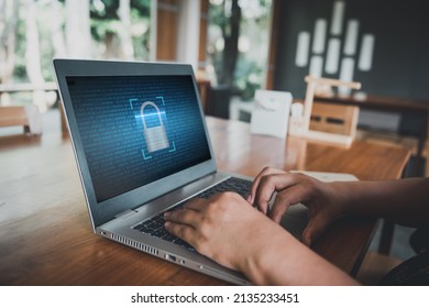 Technology Internet Cyber Secure for Database Privacy, Security Laptop Network Protection for Access Information Systems. Business Woman Using Data Login Password Secure on Laptop. Technology Big Data