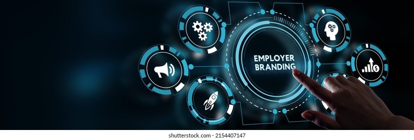 Technology, Internet and network concept. Young businessman shows the word: employer branding - Shutterstock ID 2154407147