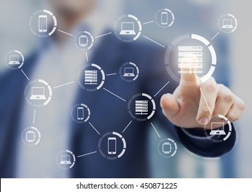 Technology of internet with network structure connecting servers, computers and mobile devices. Expert in background