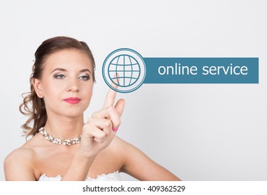 technology, internet and networking concept. Beautiful bride in fashion wedding dress. Bride presses online service button on virtual screens