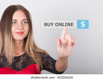 technology, internet and networking concept. beautiful woman in a red dress with lace sleeves. woman presses buy online button on virtual screens