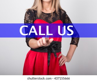technology, internet and networking concept. beautiful woman in a red dress with lace sleeves. woman presses call us button on virtual screens