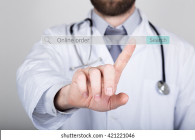 Technology, Internet And Networking In Medicine Concept - Medical Doctor Presses Button On Virtual Screens. Online Order Written In Search Bar On Virtual Screen.