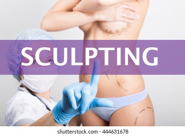 Technology, Internet And Networking In Medicine Concept - Medical Doctor Presses Sculpting Button On Virtual Screens. Cosmetic Surgery, Lifting And Breast Augmentation