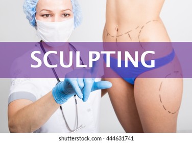 Technology, Internet And Networking In Medicine Concept - Medical Doctor Presses Sculpting Button On Virtual Screens. Cosmetic Surgery, Lifting And Breast Augmentation